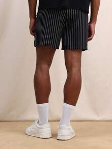 SUMWON Men Vertical Pinstripe Drawstring Elastic Waist Summer Casual Shorts With Side Pockets Above Knee Length - Black - View 5