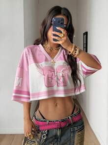 Coolane Women's Summer Streetwear Sport Crop Jersey Number Graphics Loose Breathable Mesh T-Shirt - Multicolor - View 3