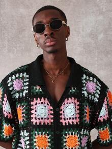 SUMWON 复古方形钩针纽扣前衬衫夏季度假休闲短袖上衣针织海滩嬉皮节日时尚 - 彩色 - 查看 5