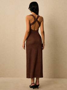 Poéselle Women's Casual Elegant Textured Backless Dress, Summer - Coffee Brown - View 3