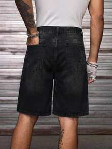 AXEPEAK Pantalones cortos vaqueros casuales y elegantes para hombres con adornos de diamante de imitación - Negro - Ver 3