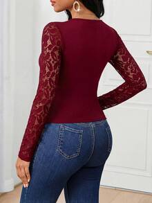 SHEIN Lady Women's Lace Patchwork Ruffle Fitted Casual Long Sleeve T-Shirt - Burgundy - View 2
