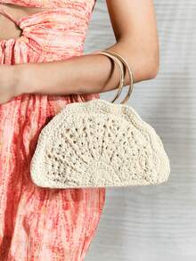 SHECARRY Bolso de mano de mujer tejido de moda, bolso de mano en forma de abanico hueco en beige - Beis - Ver 1