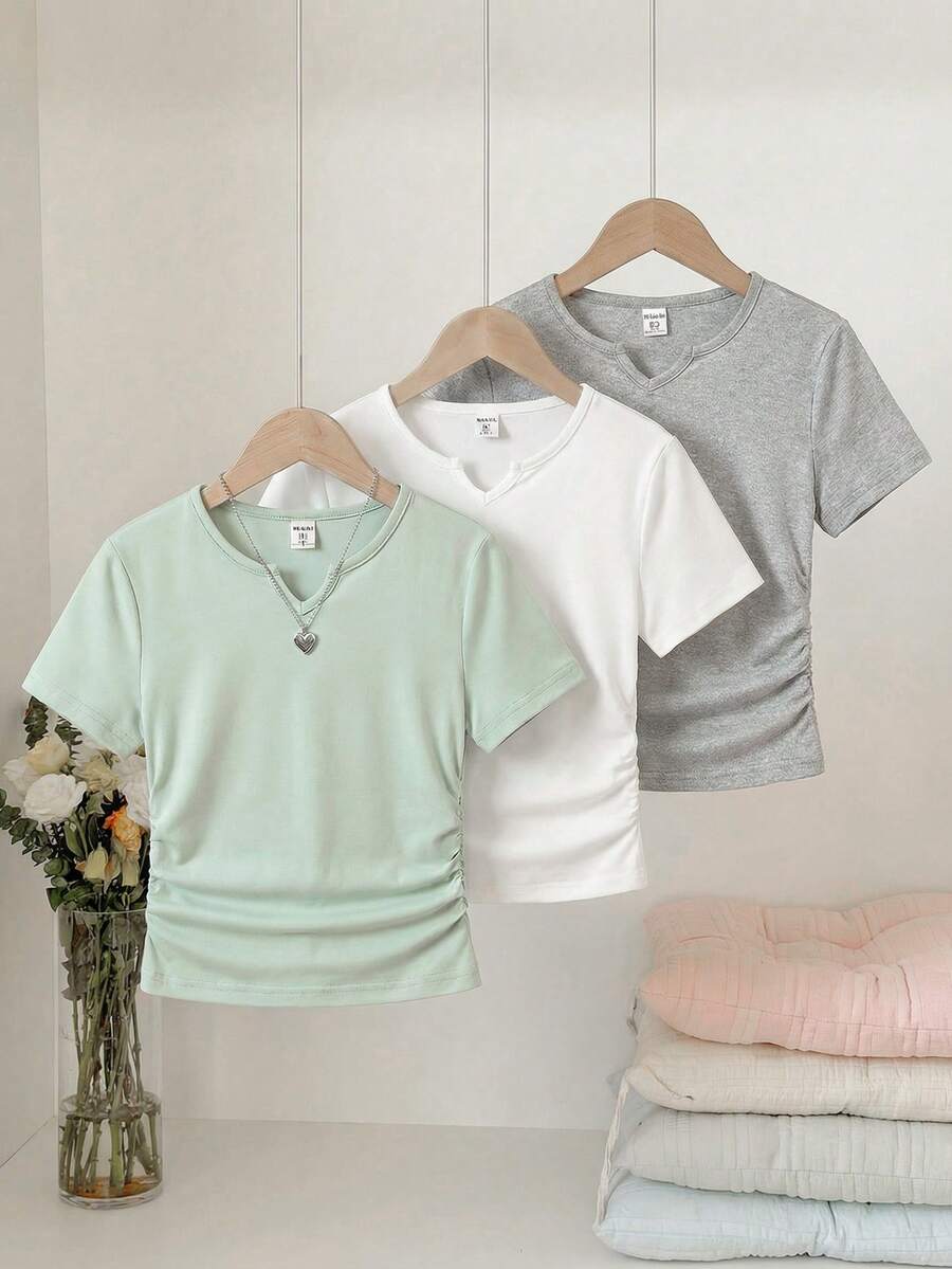 Vintaside Kids 3件装女童纯色V领短袖修身基础款T恤 - 彩色 - 查看 1