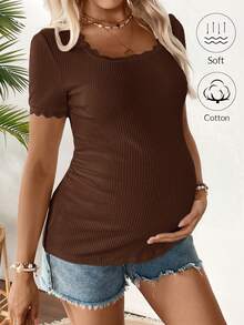 SHEIN Maternity Summer Casual Solid Color Shell Trim Short Sleeve Top - Coffee Brown - View 3