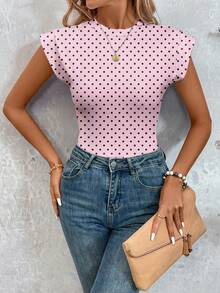 SHEIN LUNE Women's Casual Pink Polka Dot Print Bodysuit, Suitable For Spring And Summer - Multicolor - View 3