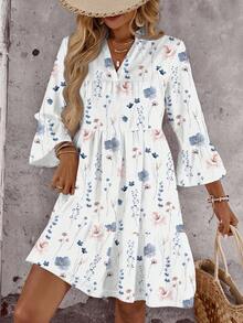 EMERY ROSE Casual Romantic Floral Print Plus Size Dress, Suitable For Vacation - Multicolor - View 1