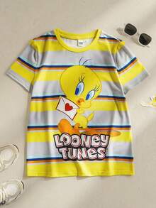 LOONEY TUNES X SHEIN Áo thun ngắn tay cổ tròn in chữ và hoạt hình dành cho bé gái tuổi teen - Màu vàng - Xem 1