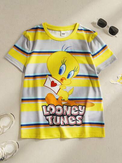LOONEY TUNES X SHEIN Áo thun ngắn tay cổ tròn in chữ và hoạt hình dành cho bé gái tuổi teen