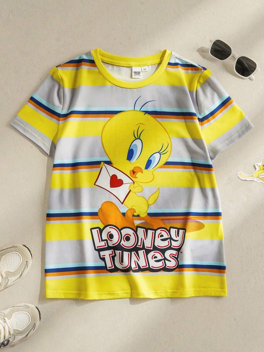 LOONEY TUNES X SHEIN Áo thun ngắn tay cổ tròn in chữ và hoạt hình dành cho bé gái tuổi teen - Màu vàng - Xem 1