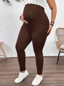 Plussiva 孕妇加大码纯色高弹力可调节腰围裤 - 棕色 - 查看 3