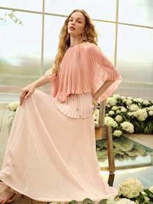 MOTF PREMIUM WOMEN'S PLEATED ROUND NECK CONTRAST COLOR ROMANTIC LONG DRESS, SPRING/SUMMER - Pink - View 6