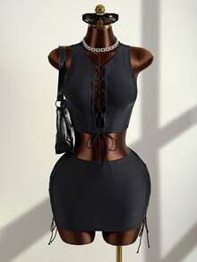 Zestiva Women's Cropped Camisole 2 Pieces Set With Tie-Up Straps And Hollow-Out Design, Adjustable - Black - View 1