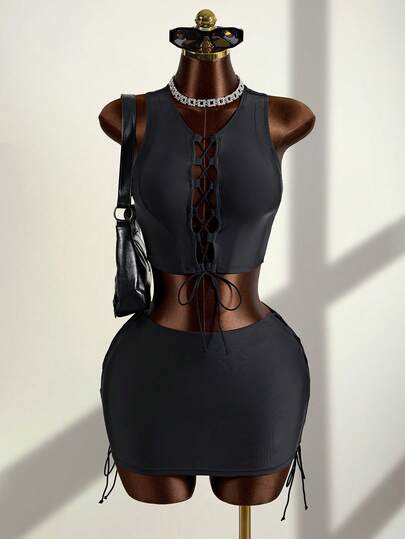 Zestiva Women's Cropped Camisole 2 Pieces Set With Tie-Up Straps And Hollow-Out Design, Adjustable