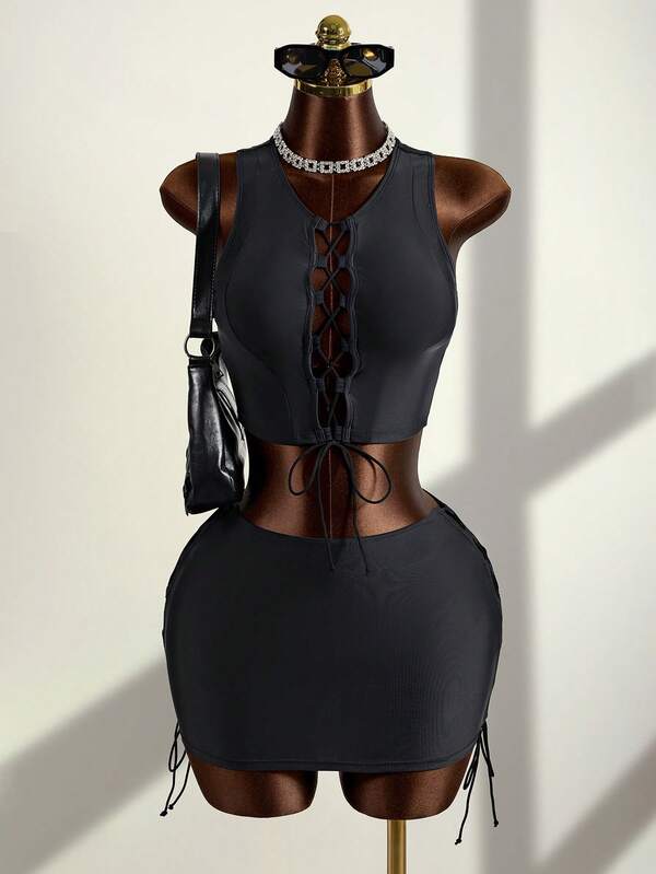 Zestiva Women's Cropped Camisole 2 Pieces Set With Tie-Up Straps And Hollow-Out Design, Adjustable