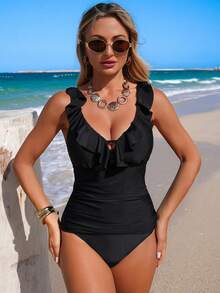 Swim Lushoire Women's Summer Camisole Strap Bikini Set Set, Deep V-Neck Ruffle Trim Casual Elegant, Beach Pool Party Holiday, Spring/Summer - Black - View 5