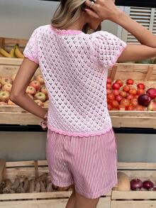 Selianne Women's Elegant Round Neck Short Sleeve Cardigan, Spring/Summer - Pink - View 2