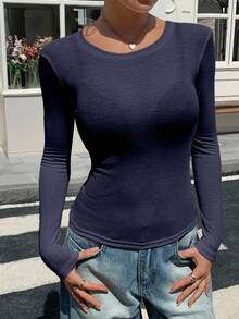 DAZY Áo thun dài tay dáng ôm thoải mái dành cho nữ, chất liệu mỏng nhẹ, thích hợp mặc mùa hè. - Màu xanh hải quân - Xem 6