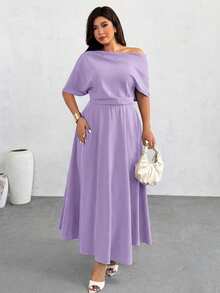 Firerie Plus Size Solid Color Asymmetrical Shoulder Short Sleeve Long Casual Elegant Summer Dress - Purple - View 7