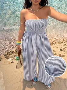 SHEIN EZwear 大码女式度假露背阔腿蓝色条纹连体裤格纹女士夏季无肩带连体裤条纹套装沙滩装 - 藍白色 - 查看 1