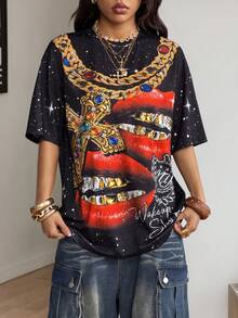 Coolane 女士圆领宽松印花短袖T恤，夏季 - 黑色 - 查看 3