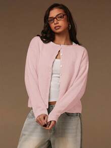 Athîral Áo khoác cardigan dệt kim dài tay đơn sắc tối giản dành cho nữ, thích hợp cho mùa Thu/Đông. - Màu Hồng baby - Xem 4