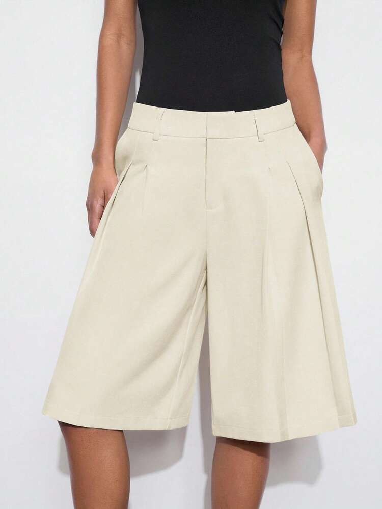 SHEIN Maija Apricot Casual Skort Capris For Women Plain Woven Fabric Semi Sheer With Zipper Detail