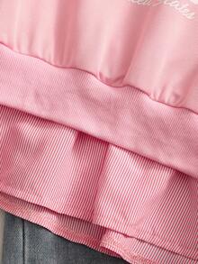 SHEIN 2pcs/Set Girls' Casual Striped Patchwork Lapel Fresh Commuting Style Denim Pants Outfit, Suitable For Outdoor And Daily Wear - Pink - View 5