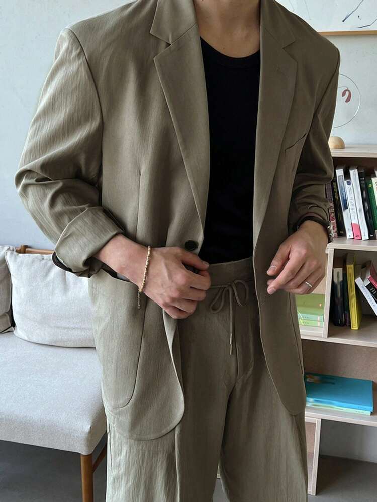 Men's Solid Color Notched Collar Single-Breasted Long Sleeve Jacket And Shorts Casual Suit Set For Daily Commute
