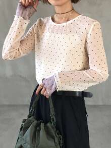 FRIFUL Women's Contrast Color Round Neck Long Sleeve Sheer Lace Overlay Casual Versatile Top, Autumn/Winter - Apricot - View 4
