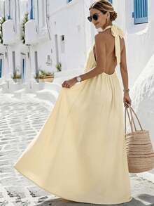 Breezaya 2026 Summer Women's Elegant Backless Deep V-Neck Tie Strap Beach Vacation Dress - Apricot - View 6