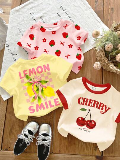 SHEIN 3件套甜美复古水果系列少女休闲简约圆领短袖T恤套装，适合春夏、日常、度假、返校、野餐、休闲场合穿着。