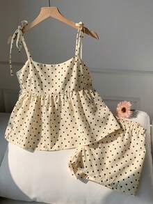 Comfortcana 女士度假休闲波点印花吊带背心和短裤两件套 - 黃色 - 查看 6