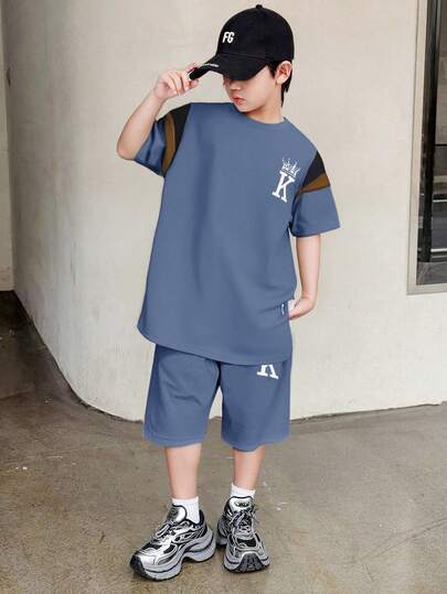 SHEIN 2pcs Tween Boy Casual Sporty Comfy Versatile Soft Patchwork Contrast Color Print Short Sleeve Crew Neck T-Shirt And Elastic Waist Shorts Set, Suitable For Autumn, Spring, Summer, Suitable For Daily Wear, Outdoor Play, School, Street Style, Party And Leisure