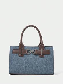 SHECARRY 女士手提包，优雅黑色鳄鱼纹PU皮革托特包，适合通勤。 - 藍色 - 查看 3