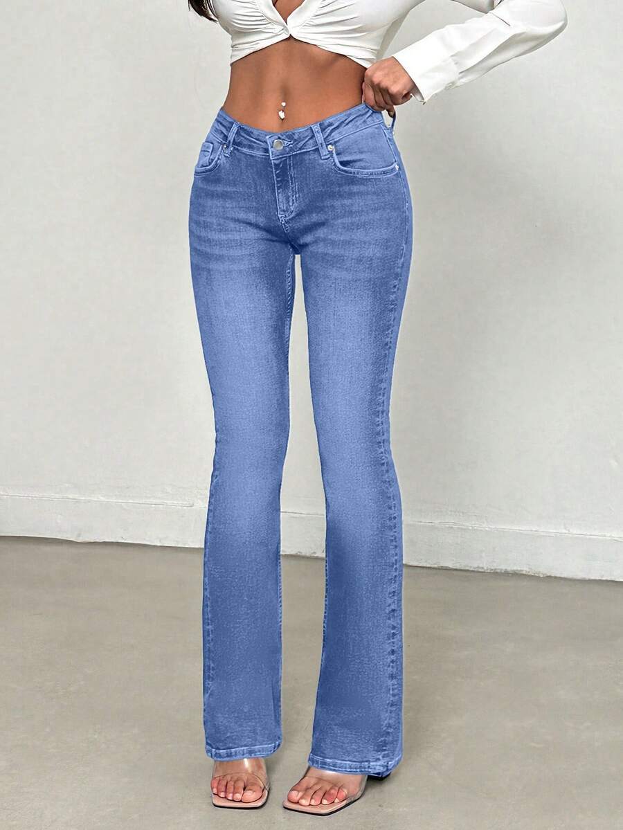 EURMUSE Women's Pocket Washed Flare Casual Versatile Jeans - Light Wash - View 1