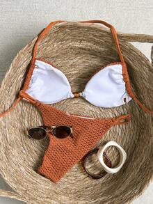 Swim SXY Women's New Spaghetti Strap Backless Halter Swimsuit Top And High Cut Bikini Bottom Sexy Swimwear Set - Brown - View 4