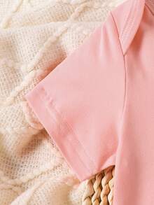 Baby Girl Casual Cute Faux Knit Rabbit Bow Print Bodysuit, Pink Round Neck Suitable For Spring/Summer - Pink - View 5