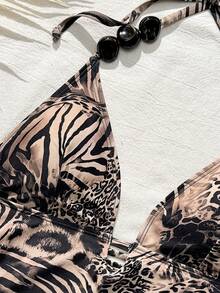 Bonvoyette Shapewave-D 女士豹纹斑马纹撞色塑形吊带比基尼上衣+高开衩泳裤，串珠点缀，可调节交叉后背带，狂野印花设计，性感修身凸显曲线，沙滩度假泳装套装 - 彩色 - 查看 4