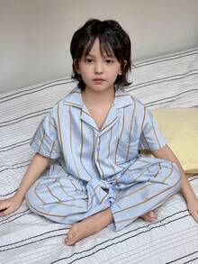 Dazy Kids Tween Boy Striped Short Sleeve Single-Breasted Top And Long Pants Pajama Set - Blue - View 2