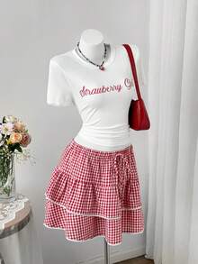 Sunspun Bộ 2 món gồm áo croptop in họa tiết ôm sát và chân váy xòe kẻ caro phối màu tương phản. - Đỏ - Xem 4