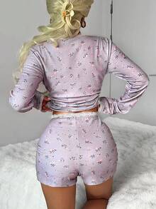 DAZY 2pcs Lace Patchwork Ditsy Floral Slim Fit Cardigan & Shorts Pajama Set, Suitable For Spring & Summer - Mauve Purple - View 2