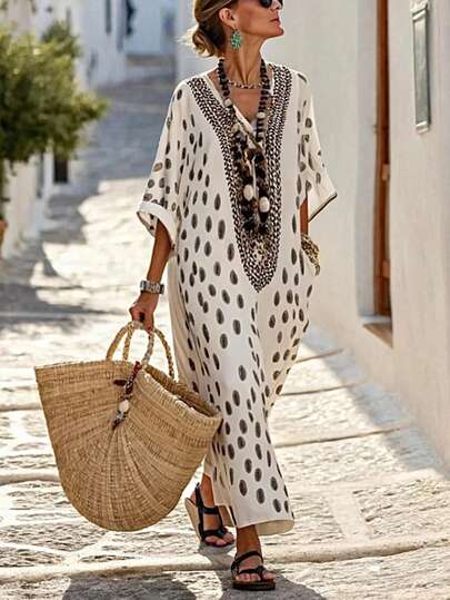 SHEIN Holidaya Damesjurk in bohemian stijl met V-hals, bloemenprint en losse pasvorm, 3/4 mouwen, lente/zomer