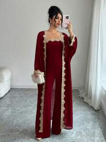 SHEIN Raffinéa 2件組女款時尚套裝：無肩帶連身褲與長袖開襟衫，適合派對用餐與外出，酒紅色秋季優雅風 - 酒紅色 - 查看 7