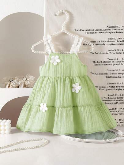 SHEIN Babygirl Cute Summer Vacation Green 3D Floral Strap Dress