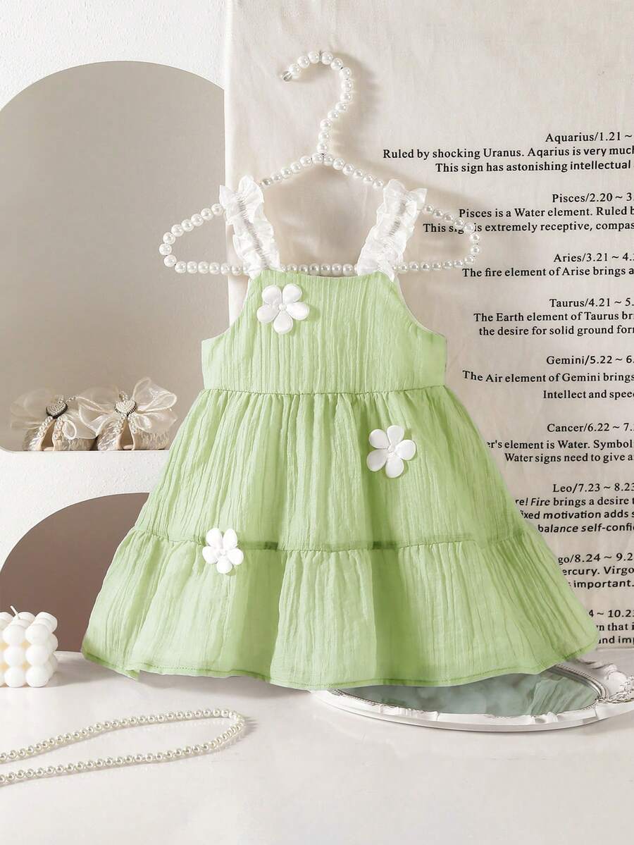 SHEIN 女宝宝可爱夏季度假绿色3D立体花朵吊带裙 - 綠色 - 查看 1