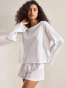 Ocili Bộ đồ ngủ 2 món bằng cotton mềm mại, tay dài, cài khuy giả, gồm quần short và áo sơ mi, kiểu dáng giản dị, thoải mái dành cho nữ. - trắng - Xem 4