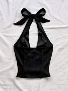 Soleia 新款性感V领系带麂皮解构女式背心，适合假日、约会、下午茶、度假、音乐节、波西米亚风、邮轮、海滩、圣诞节、新年、夜店等场合。 - 黑色 - 查看 2