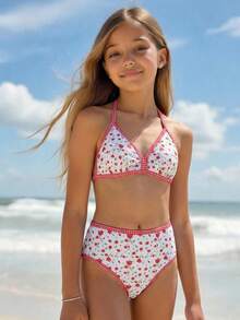 SHEIN Conjunto de bikini y tanga triangular con estampado floral para niña preadolescente - Multicolor - Ver 8