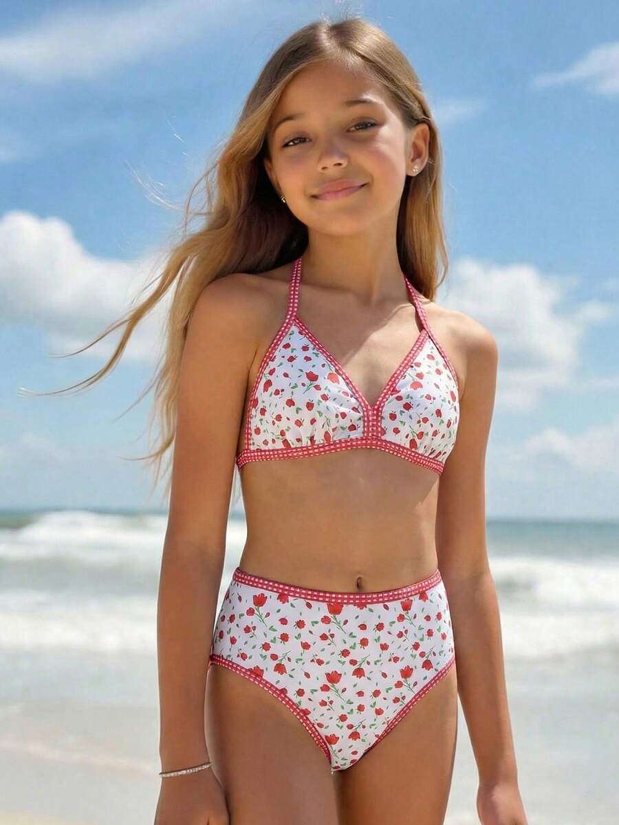 SHEIN Tween Girl Floral Print Halter Bikini And Triangle Panty Swimsuit Set Tween 2piece Swimsuit Red And Pink Flower Tween Bikini Tween Halter Bikini Two Piece Twain Tweens Swimsuit Cherrys Tween Girls 2 Piece Ditsy Floral Bikini Set - Multicolor - View 1